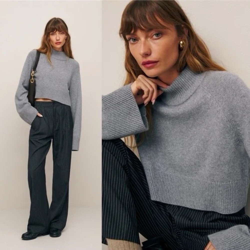 Reformation Garrett Cashmere Cropped Turtleneck Sweater in Grey Husky XS